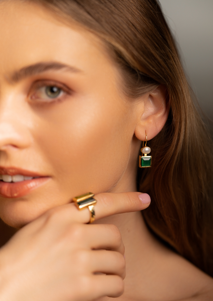 The Maia Pearl and Green Onyx 18ct Gold Vermeil Hook Earrings