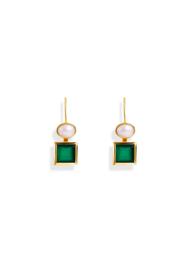 The Maia Pearl and Green Onyx 18ct Gold Vermeil Hook Earrings