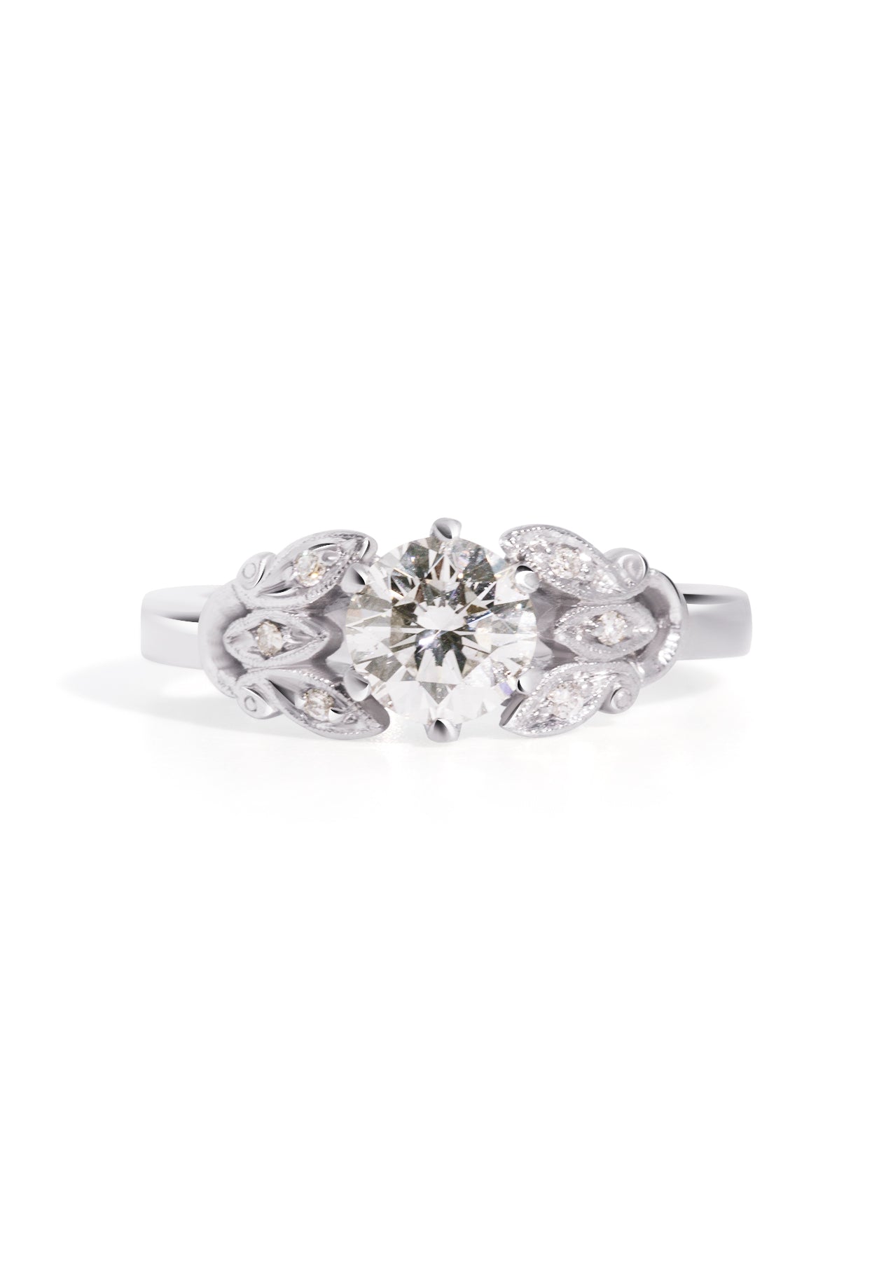 The Mariposa Platinum Vintage Ring with .84ct Round Brilliant Cut Diamond | TDW .87ct