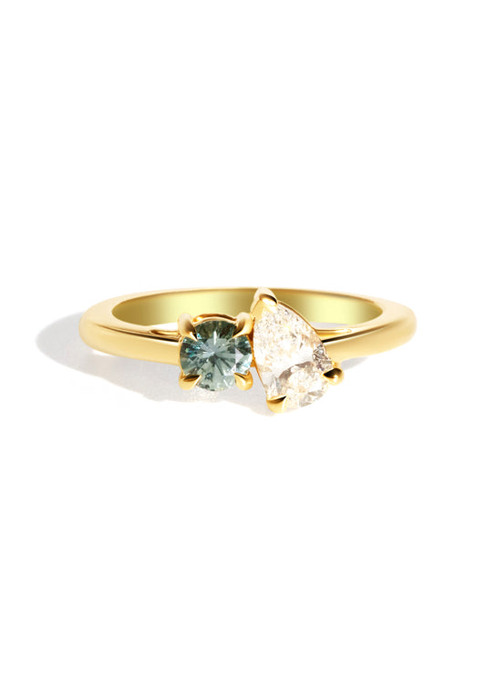 The Toi Et Moi Ring with 0.6ct Pear Cultured Diamond & 0.78ct Round Green Sapphire