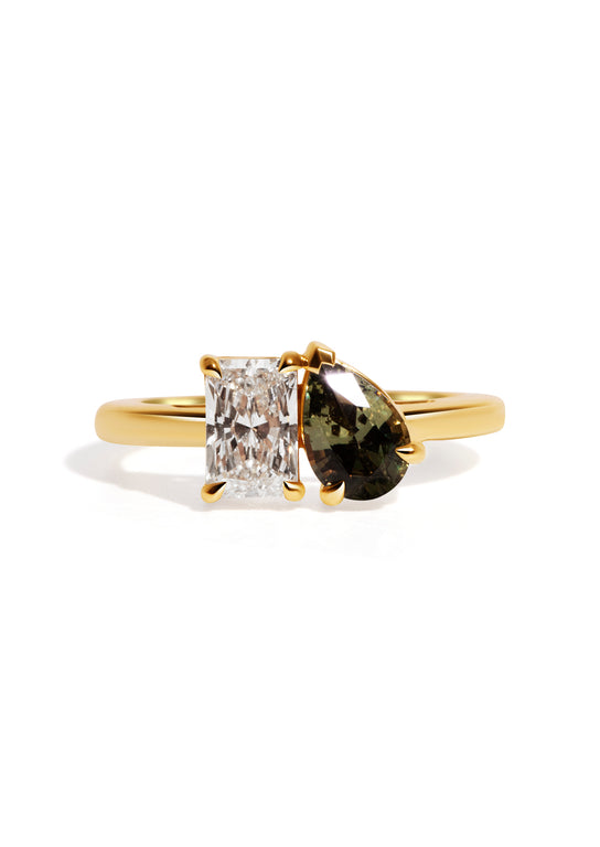 The Toi Et Moi Ring with 0.84ct Radiant Cultured Diamond & 1.16ct Pear Green Sapphire