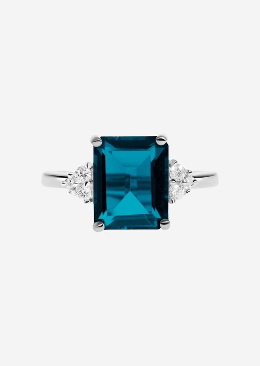 The Curator White Gold Ring with 3.08ct Emerald Cut London Blue Topaz - Molten Store