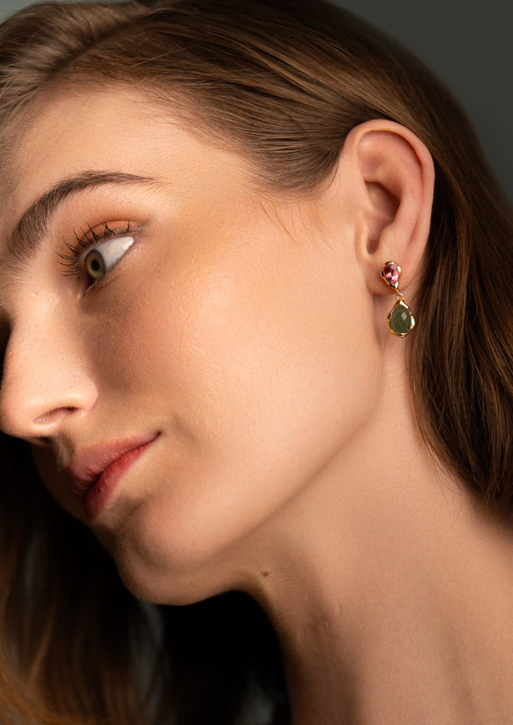 The Dolce Pink Tourmaline & Aventurine 18ct Gold Vermeil Drop Earrings - Molten Store