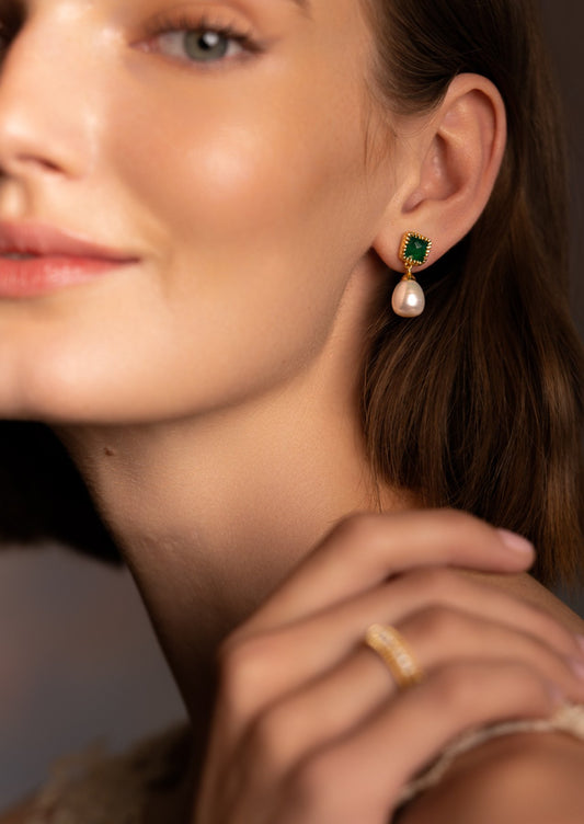 The Grazia Pearl & Green Onyx 18ct Gold Vermeil Drop Earrings - Molten Store