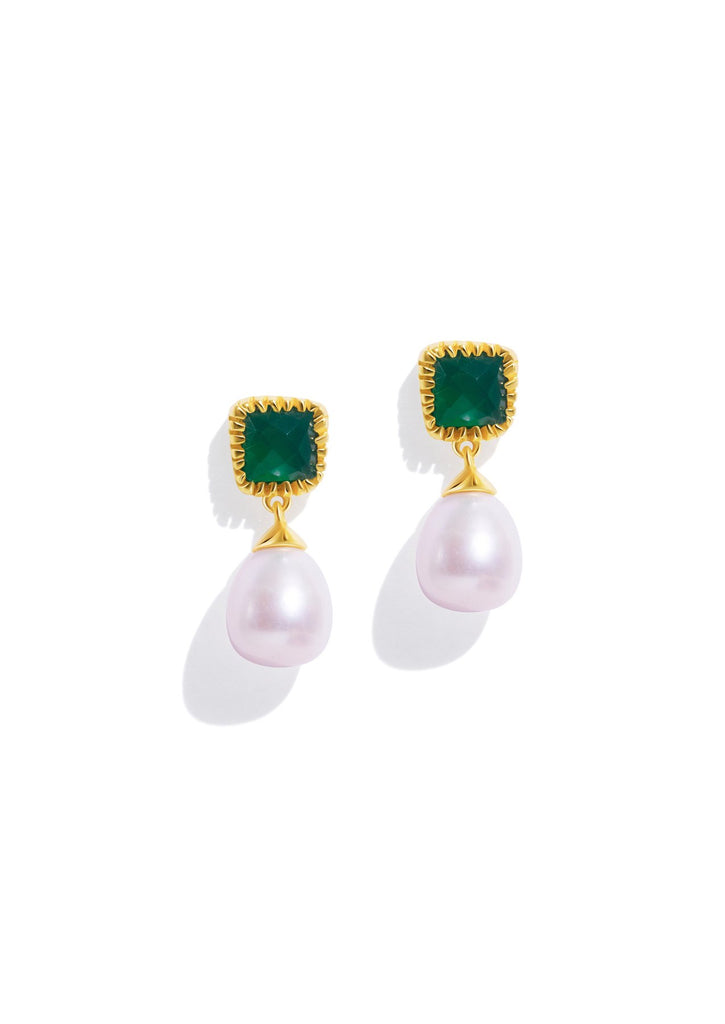 The Grazia Pearl & Green Onyx 18ct Gold Vermeil Drop Earrings - Molten Store