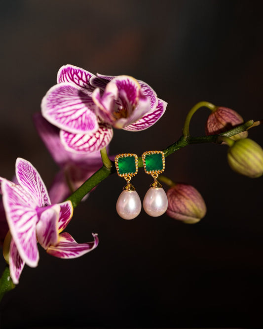 The Grazia Pearl & Green Onyx 18ct Gold Vermeil Drop Earrings - Molten Store