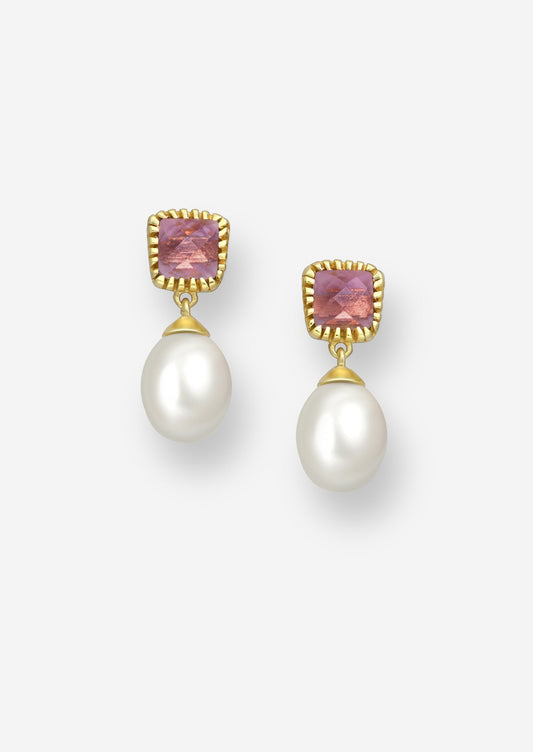 The Grazia Pearl & Rhodolite 18ct Gold Vermeil Drop Earrings - Molten Store