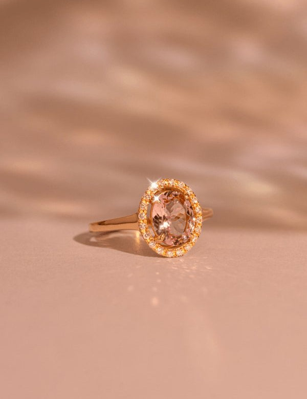 The Iris Ring with 2.30ct Oval Cut Morganite & .15ct Diamond Halo - Molten Store