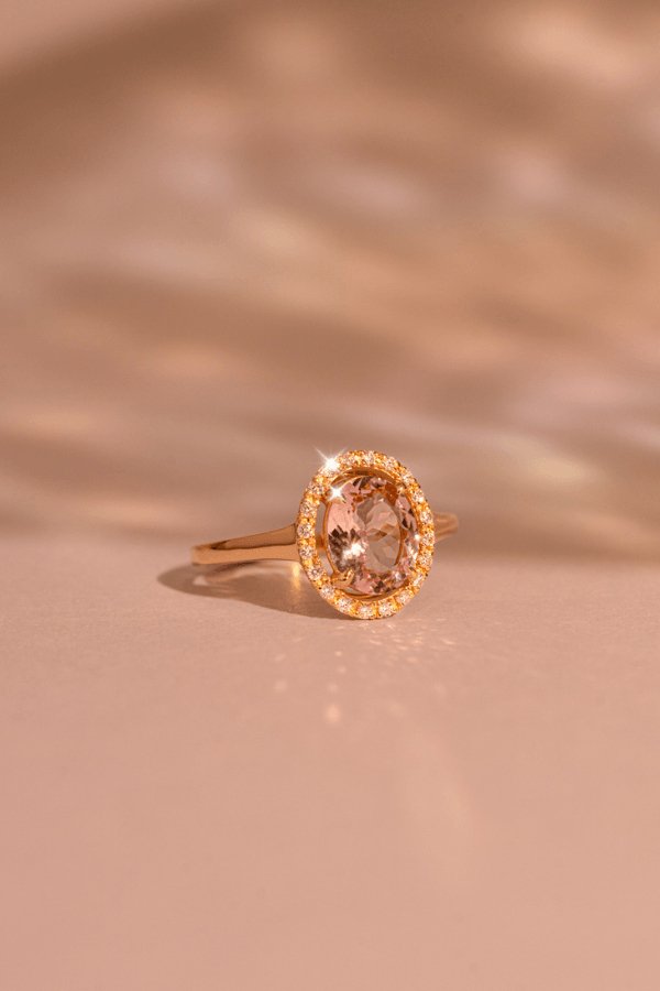 The Iris Ring with 2.30ct Oval Cut Morganite & .15ct Diamond Halo - Molten Store