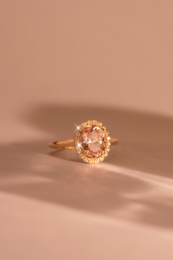 The Iris Ring with 2.30ct Oval Cut Morganite & .15ct Diamond Halo - Molten Store