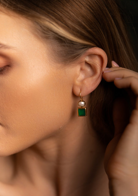 The Maia Pearl and Green Onyx 18ct Gold Vermeil Hook Earrings - Molten Store