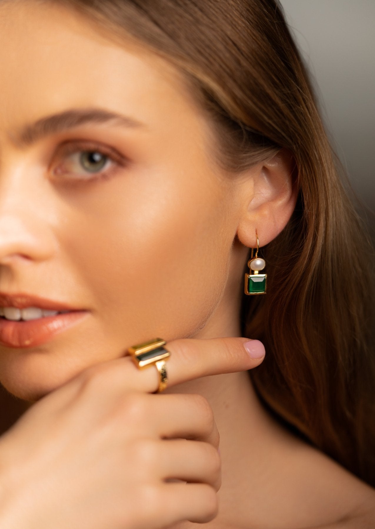 The Maia Pearl and Green Onyx 18ct Gold Vermeil Hook Earrings - Molten Store