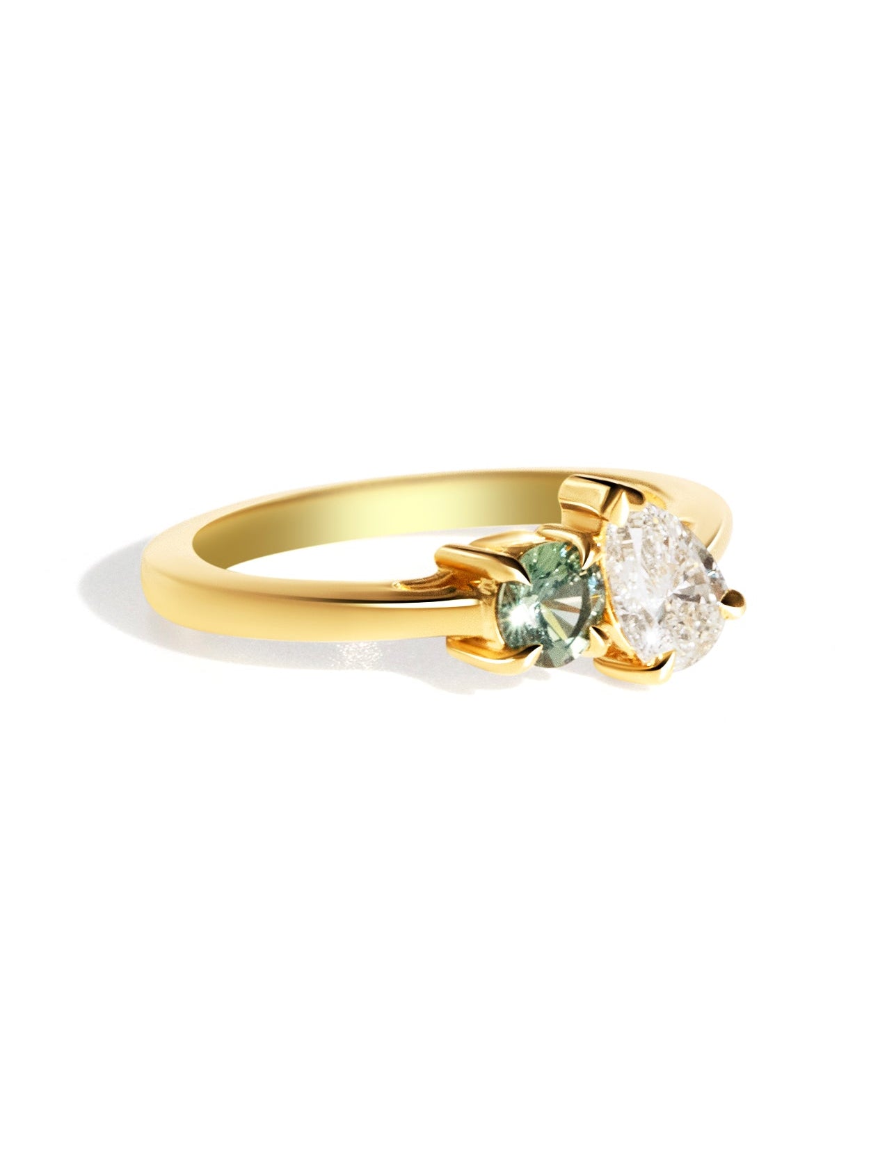 The Toi Et Moi Ring with 0.6ct Pear Cultured Diamond & 0.78ct Round Green Sapphire - Molten Store